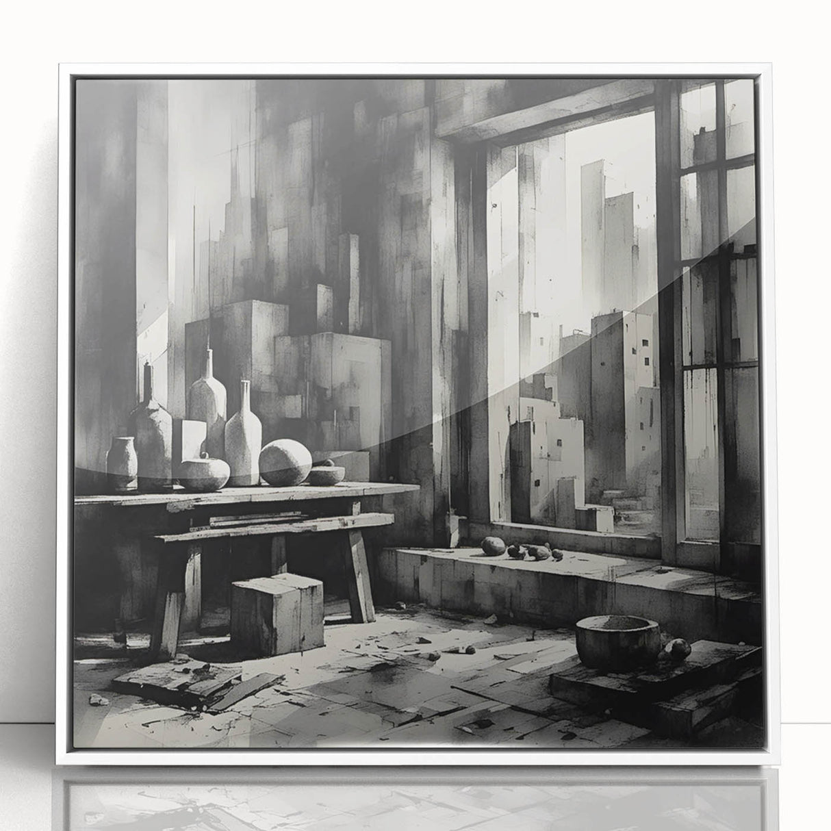 Brutalist Wall Art | Geometric Still Life with Concrete Cityscape | Canvas