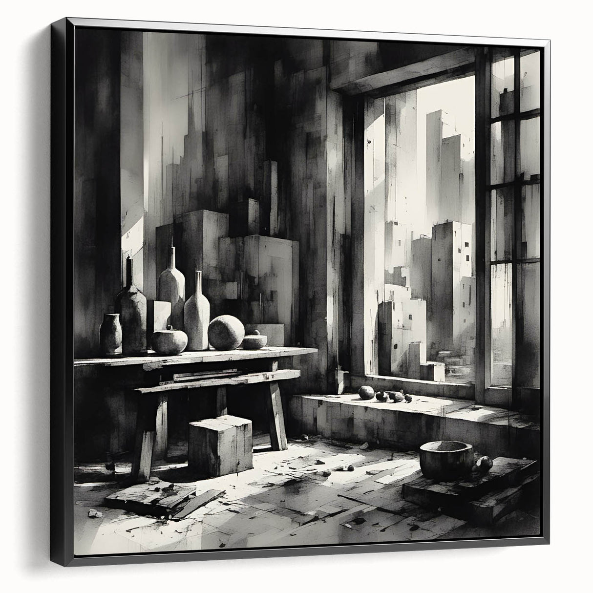 Brutalist Wall Art | Geometric Still Life with Concrete Cityscape | Canvas