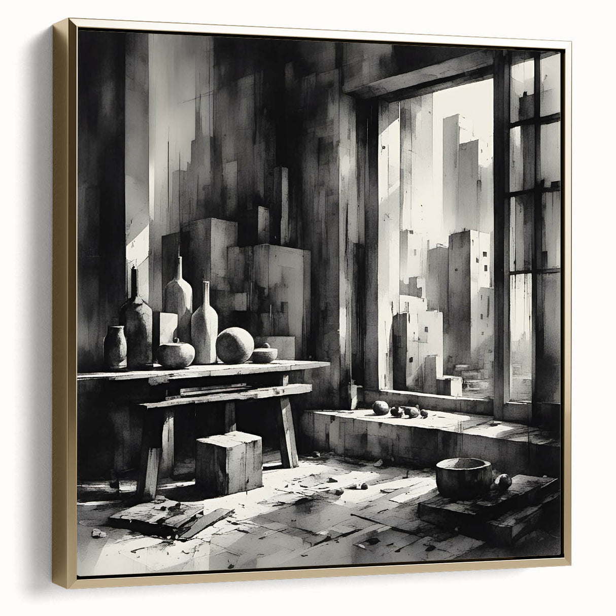 Brutalist Wall Art | Geometric Still Life with Concrete Cityscape | Canvas