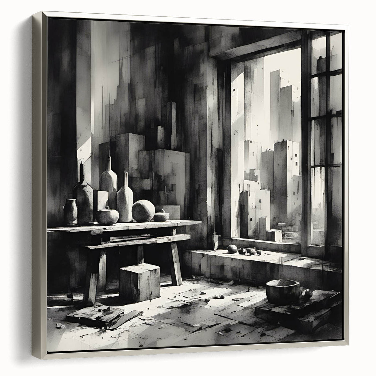 Brutalist Wall Art | Geometric Still Life with Concrete Cityscape | Canvas