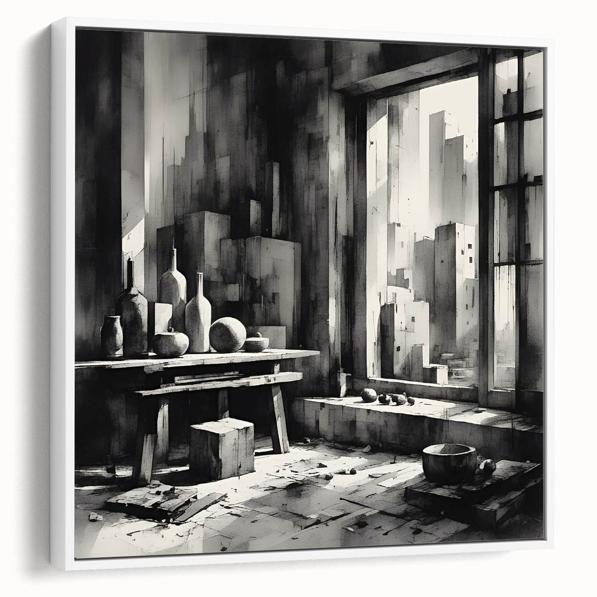 Brutalist Wall Art | Geometric Still Life with Concrete Cityscape | Canvas