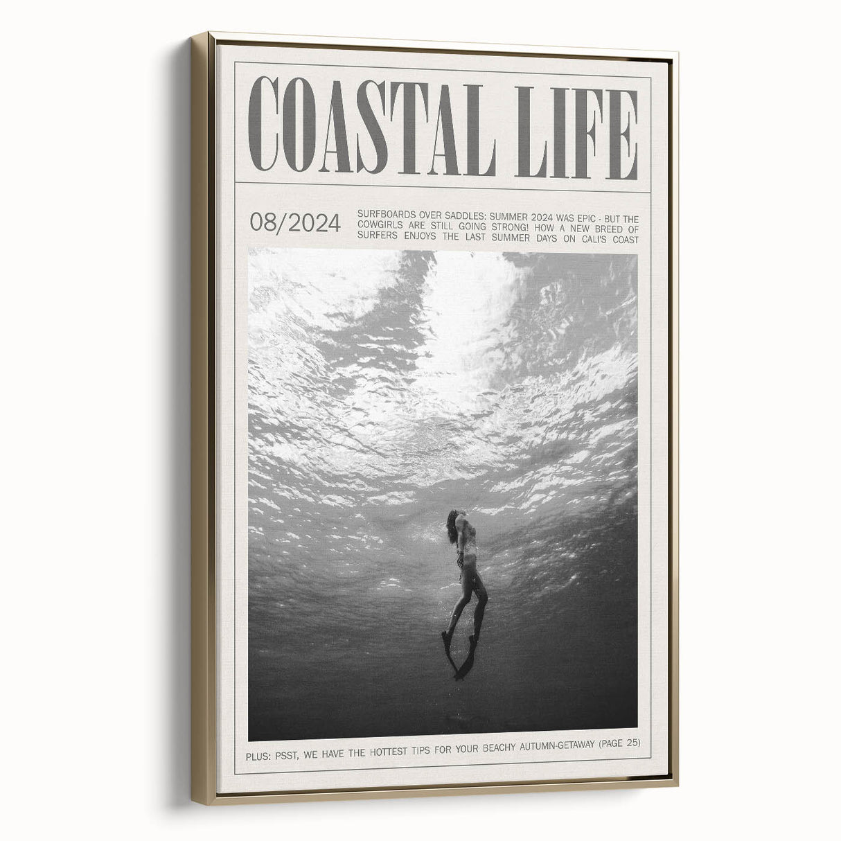 Monochrome Underwater Diver Coastal Wall Art - Magazine Style Print