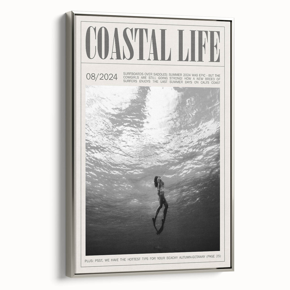 Monochrome Underwater Diver Coastal Wall Art - Magazine Style Print
