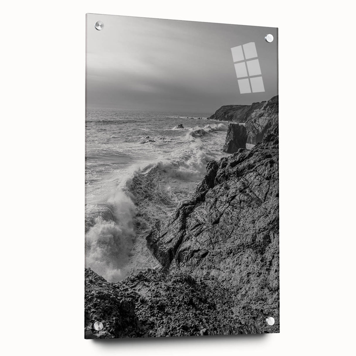 Coastal Wall Art - Black and White Ocean Waves on Rocky Shoreline Print