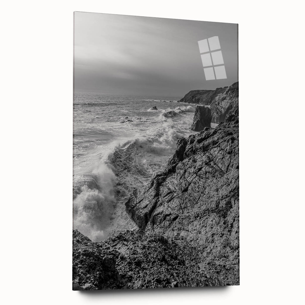 Coastal Wall Art - Black and White Ocean Waves on Rocky Shoreline Print