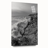 Coastal Wall Art - Black and White Ocean Waves on Rocky Shoreline Print