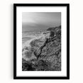 Coastal Wall Art - Black and White Ocean Waves on Rocky Shoreline Print