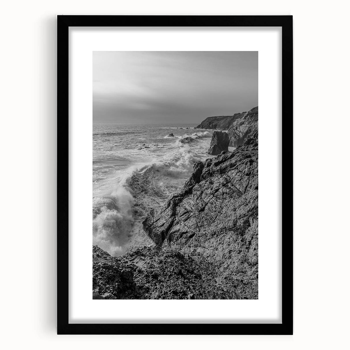 Coastal Wall Art - Black and White Ocean Waves on Rocky Shoreline Print