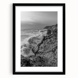 Coastal Wall Art - Black and White Ocean Waves on Rocky Shoreline Print