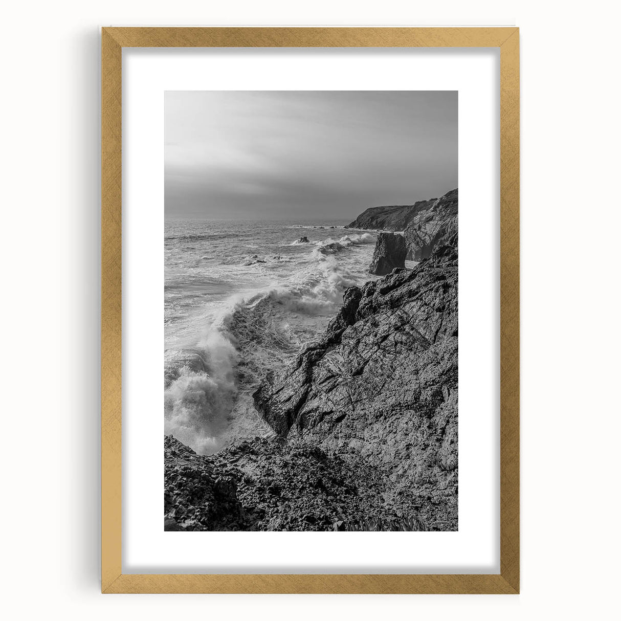 Coastal Wall Art - Black and White Ocean Waves on Rocky Shoreline Print