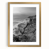 Coastal Wall Art - Black and White Ocean Waves on Rocky Shoreline Print