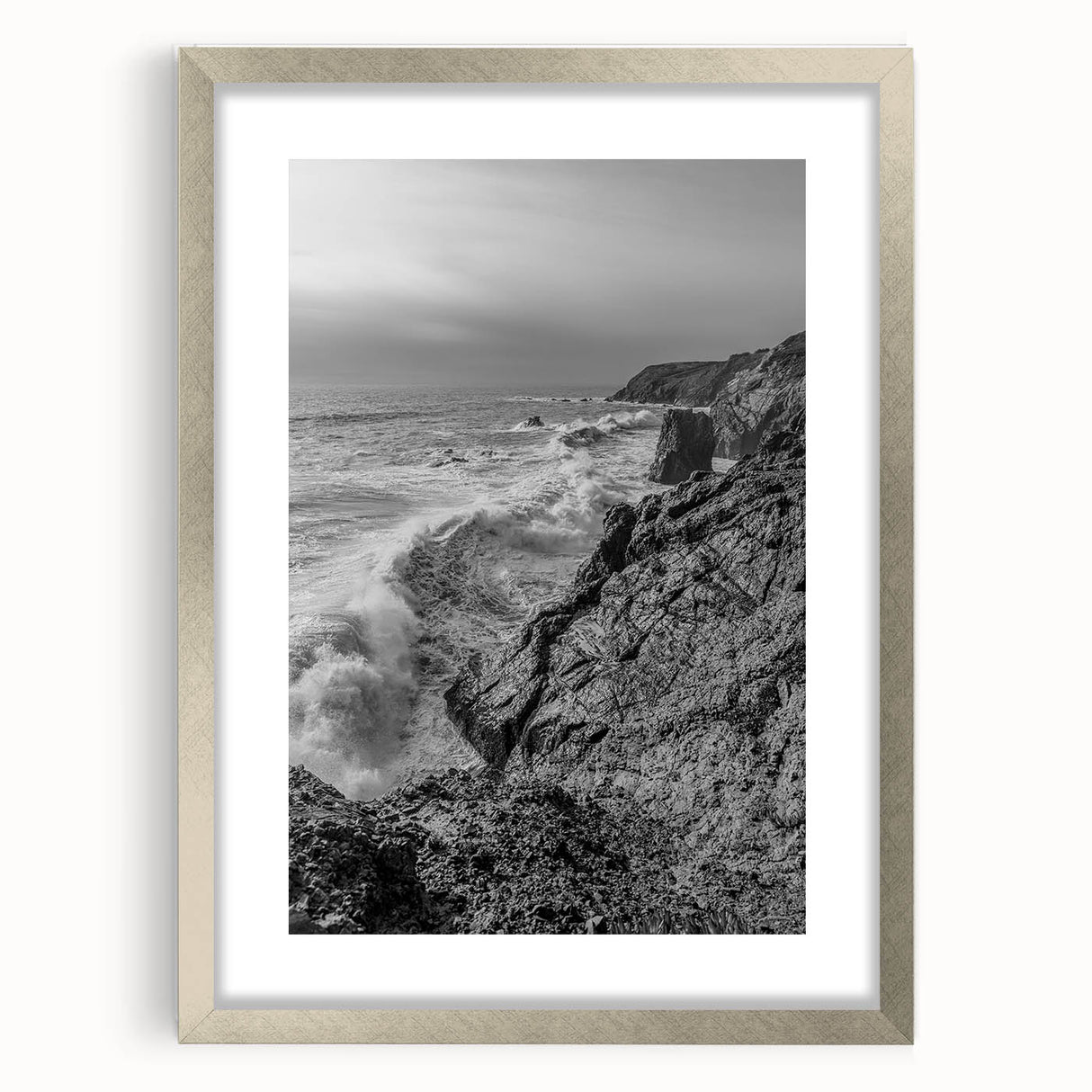 Coastal Wall Art - Black and White Ocean Waves on Rocky Shoreline Print
