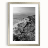 Coastal Wall Art - Black and White Ocean Waves on Rocky Shoreline Print