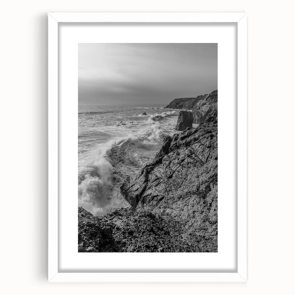 Coastal Wall Art - Black and White Ocean Waves on Rocky Shoreline Print