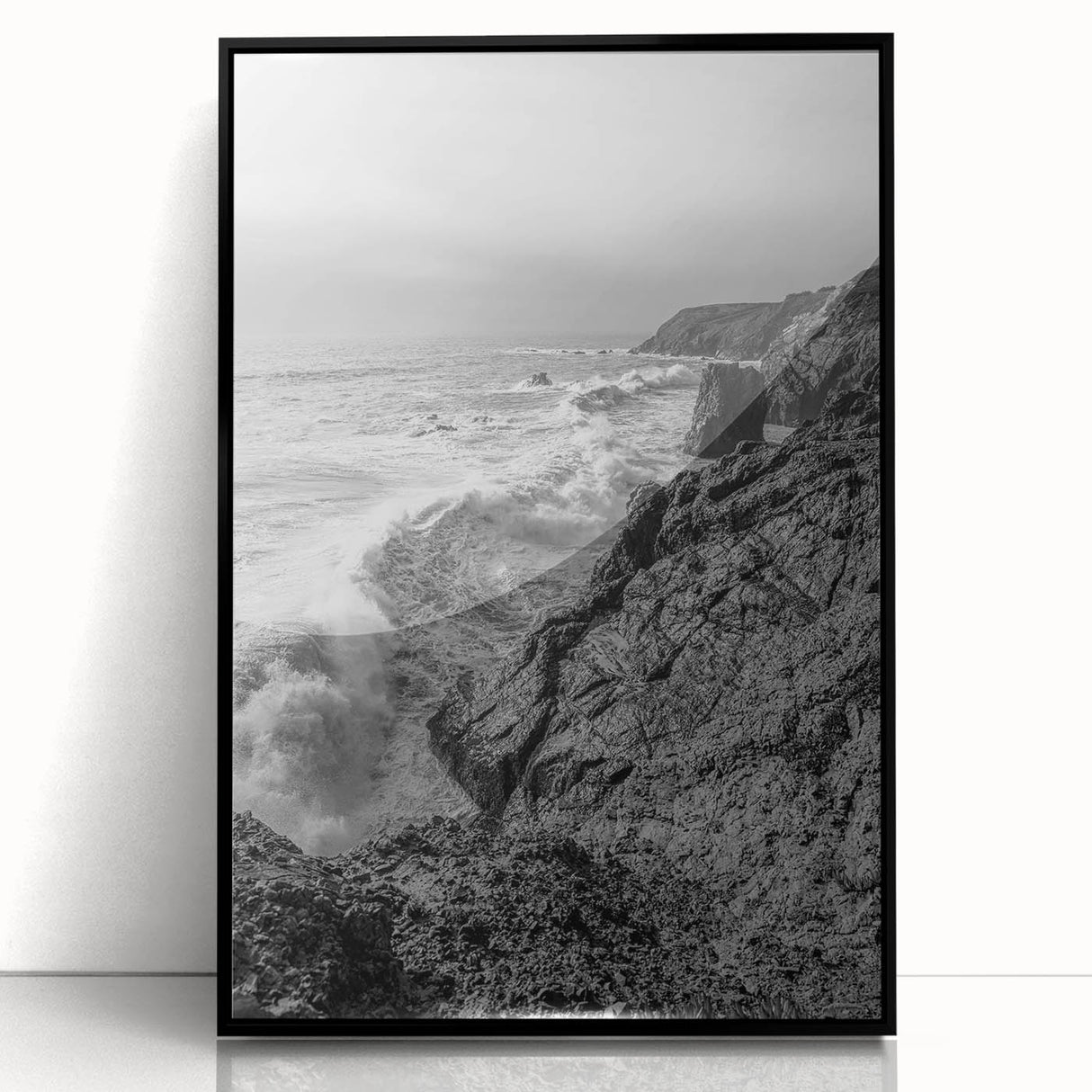 Coastal Wall Art - Black and White Ocean Waves on Rocky Shoreline Print