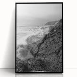 Coastal Wall Art - Black and White Ocean Waves on Rocky Shoreline Print