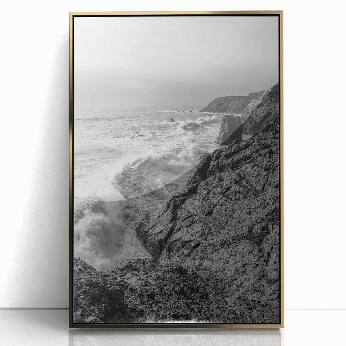 Coastal Wall Art - Black and White Ocean Waves on Rocky Shoreline Print