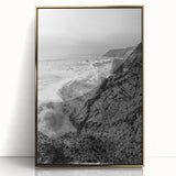 Coastal Wall Art - Black and White Ocean Waves on Rocky Shoreline Print