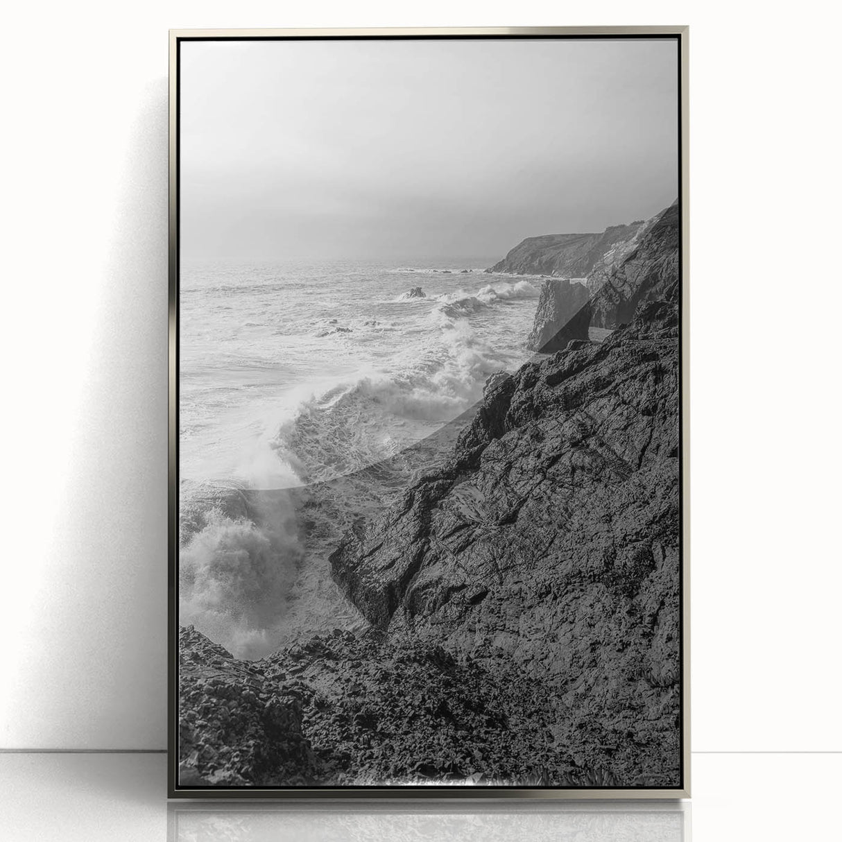 Coastal Wall Art - Black and White Ocean Waves on Rocky Shoreline Print