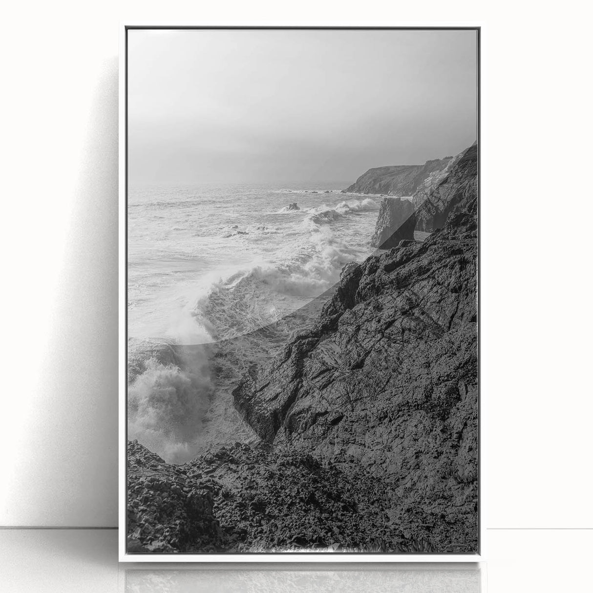 Coastal Wall Art - Black and White Ocean Waves on Rocky Shoreline Print