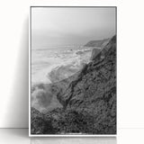 Coastal Wall Art - Black and White Ocean Waves on Rocky Shoreline Print