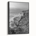 Coastal Wall Art - Black and White Ocean Waves on Rocky Shoreline Print