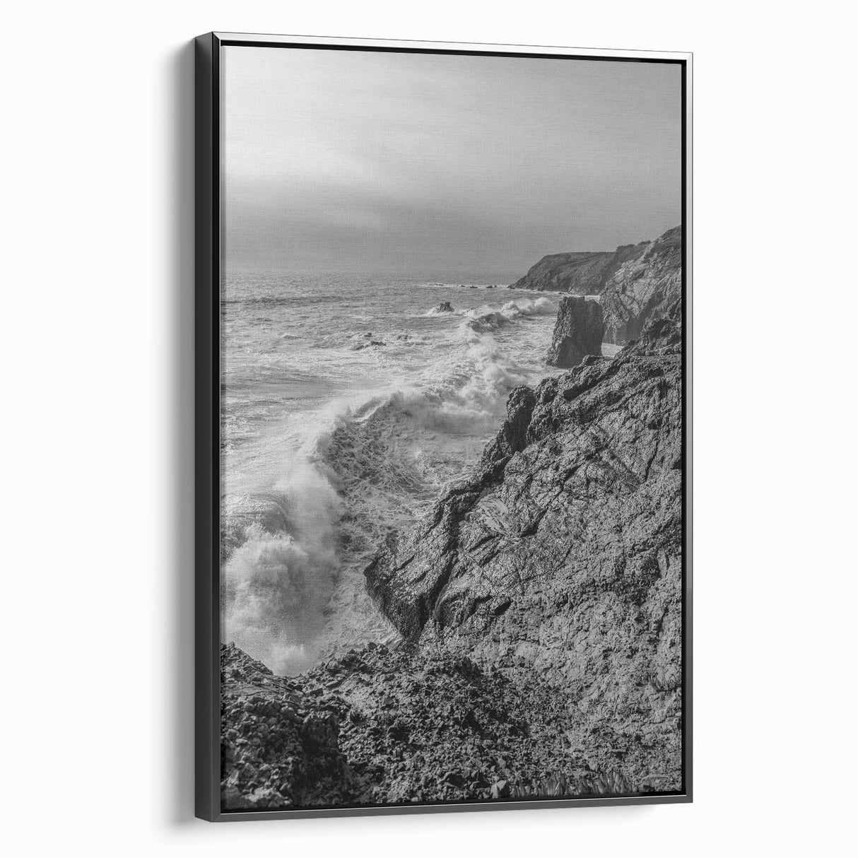 Coastal Wall Art - Black and White Ocean Waves on Rocky Shoreline Print