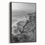 Coastal Wall Art - Black and White Ocean Waves on Rocky Shoreline Print