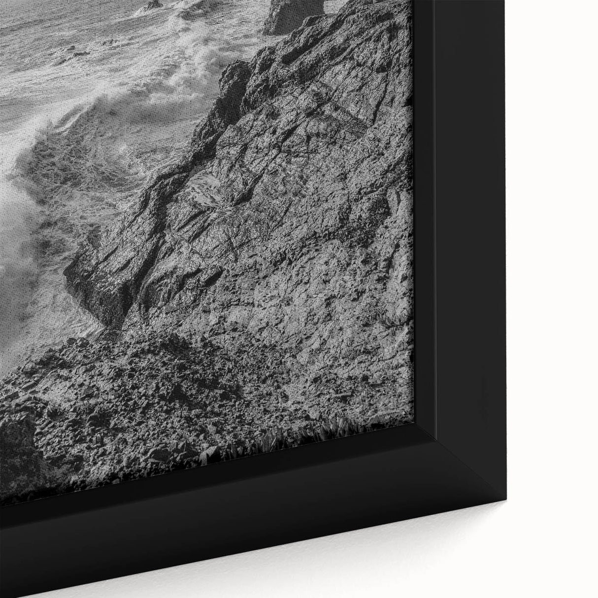 Coastal Wall Art - Black and White Ocean Waves on Rocky Shoreline Print