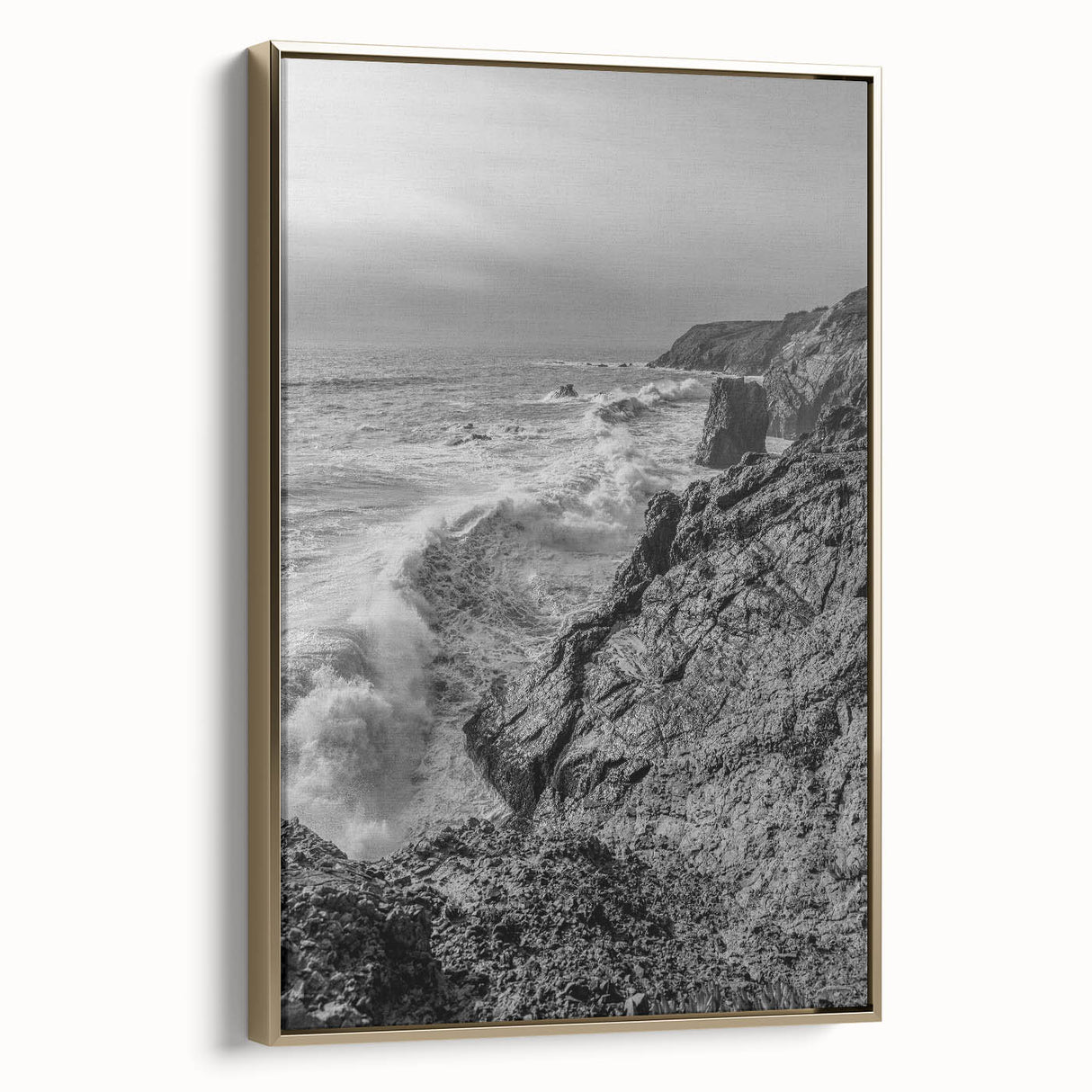 Coastal Wall Art - Black and White Ocean Waves on Rocky Shoreline Print