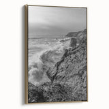 Coastal Wall Art - Black and White Ocean Waves on Rocky Shoreline Print
