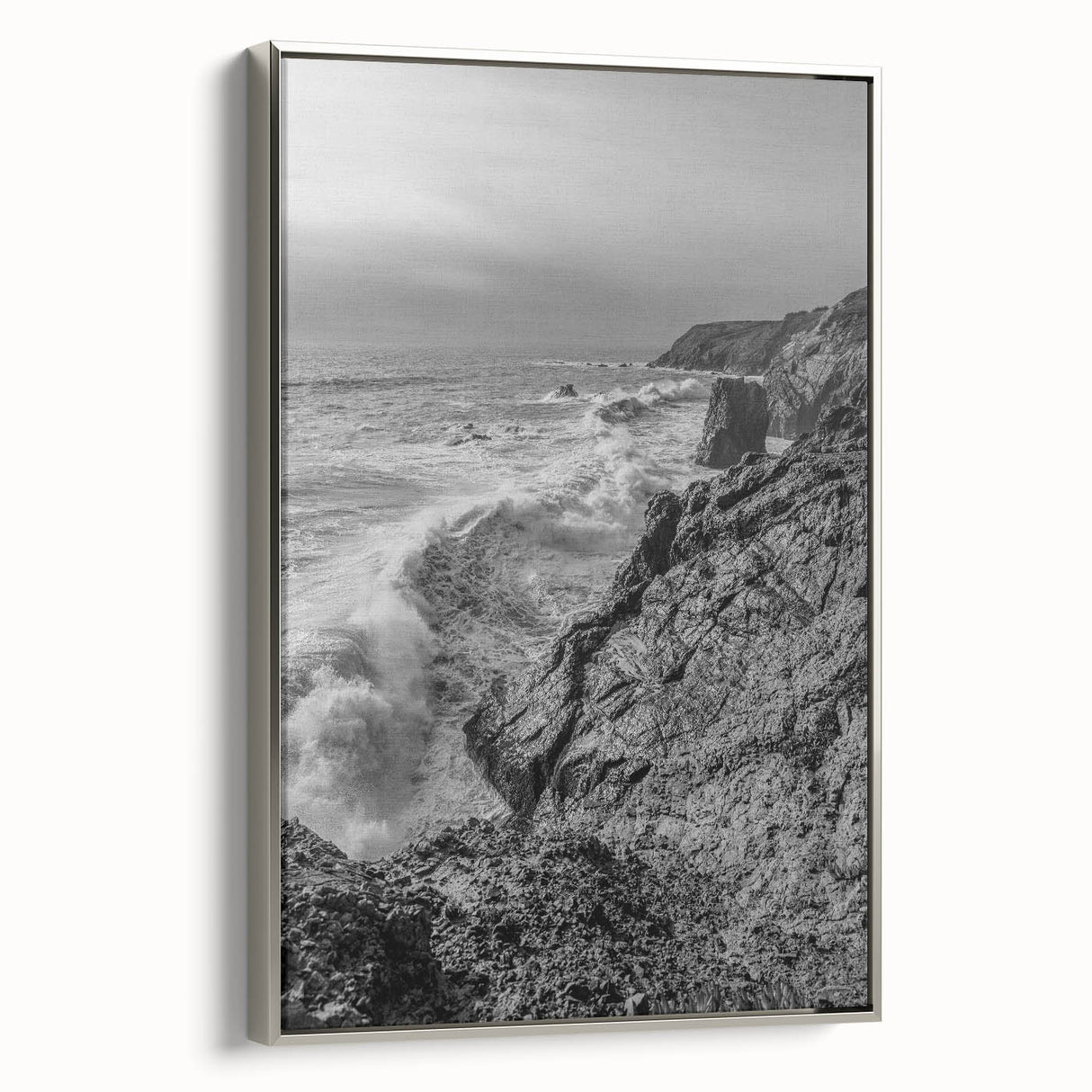 Coastal Wall Art - Black and White Ocean Waves on Rocky Shoreline Print
