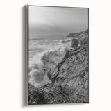 Coastal Wall Art - Black and White Ocean Waves on Rocky Shoreline Print