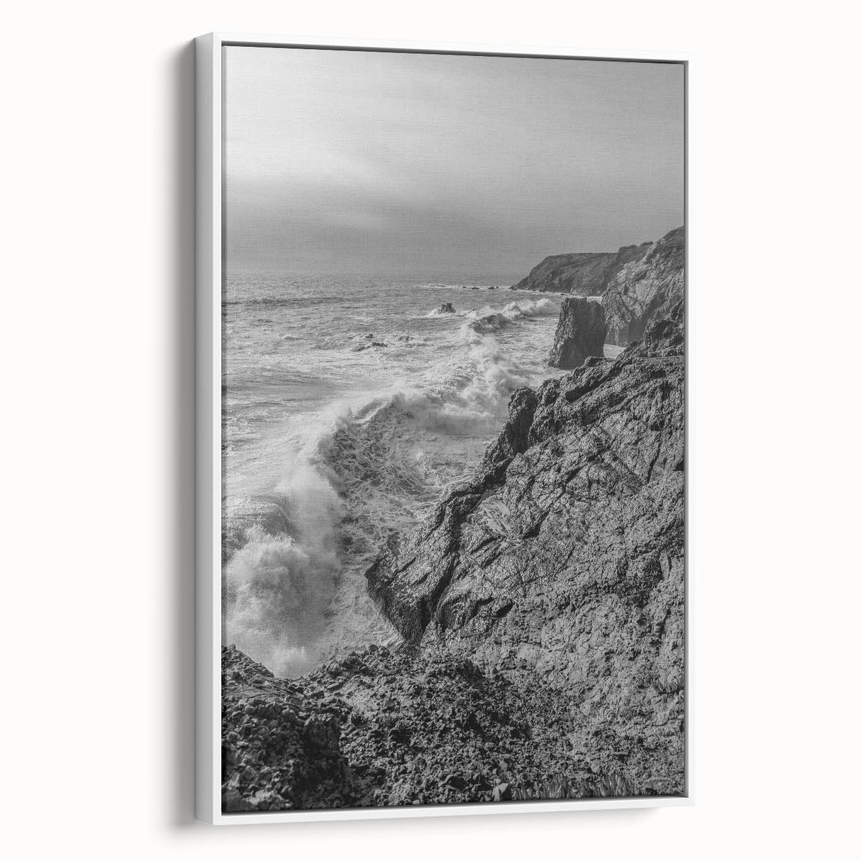 Coastal Wall Art - Black and White Ocean Waves on Rocky Shoreline Print
