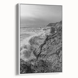 Coastal Wall Art - Black and White Ocean Waves on Rocky Shoreline Print