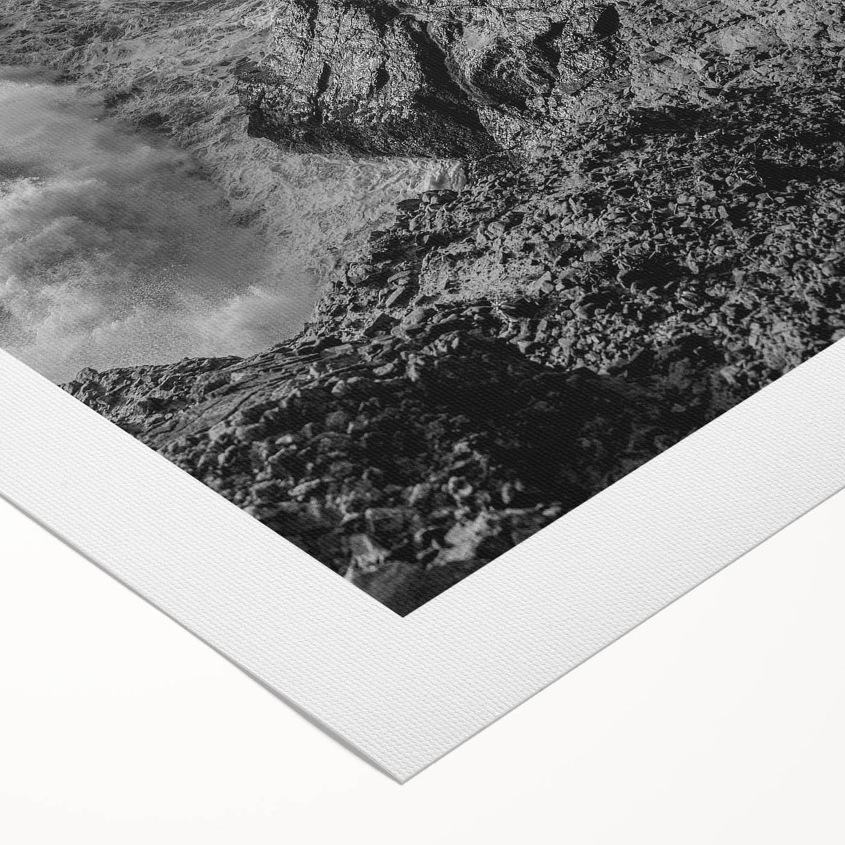 Coastal Wall Art - Black and White Ocean Waves on Rocky Shoreline Print