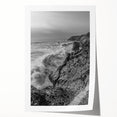 Coastal Wall Art - Black and White Ocean Waves on Rocky Shoreline Print