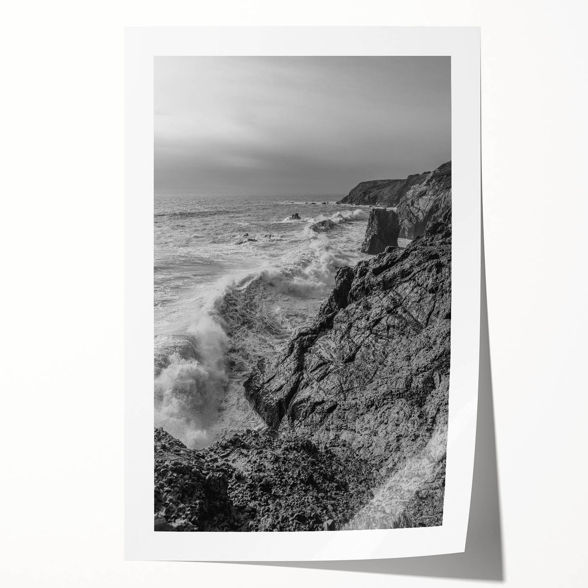 Coastal Wall Art - Black and White Ocean Waves on Rocky Shoreline Print