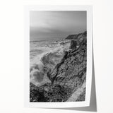 Coastal Wall Art - Black and White Ocean Waves on Rocky Shoreline Print