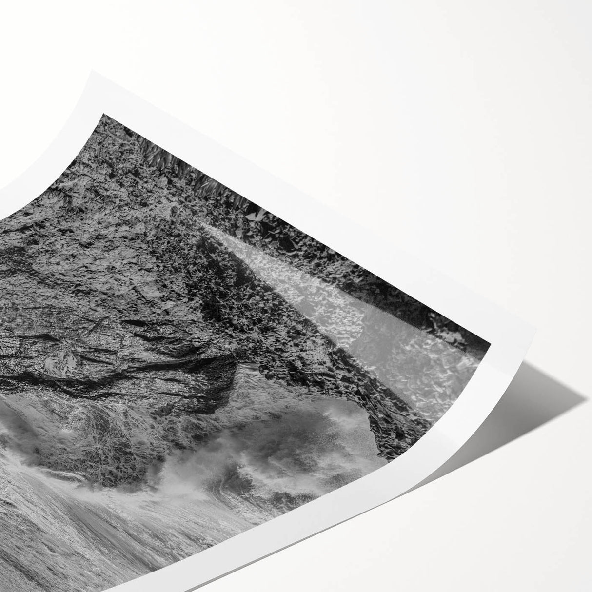 Coastal Wall Art - Black and White Ocean Waves on Rocky Shoreline Print