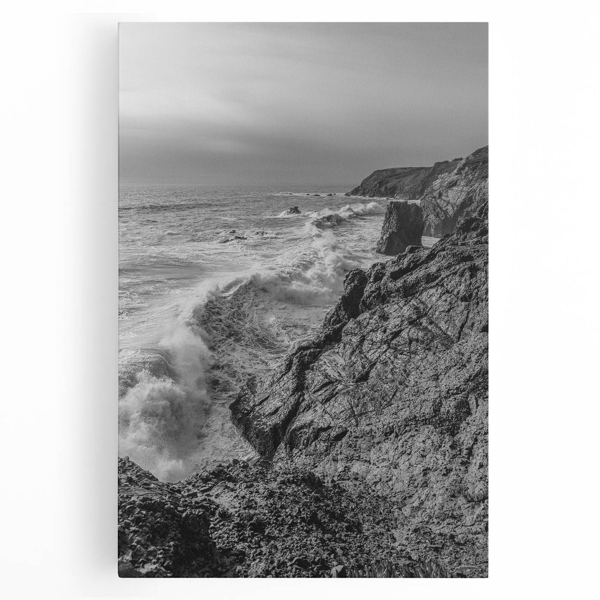 Coastal Wall Art - Black and White Ocean Waves on Rocky Shoreline Print