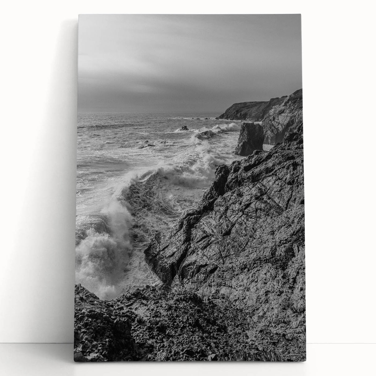 Coastal Wall Art - Black and White Ocean Waves on Rocky Shoreline Print