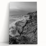 Coastal Wall Art - Black and White Ocean Waves on Rocky Shoreline Print