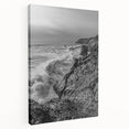 Coastal Wall Art - Black and White Ocean Waves on Rocky Shoreline Print
