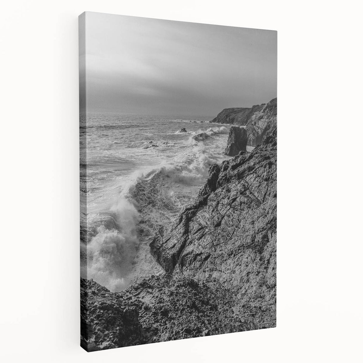 Coastal Wall Art - Black and White Ocean Waves on Rocky Shoreline Print