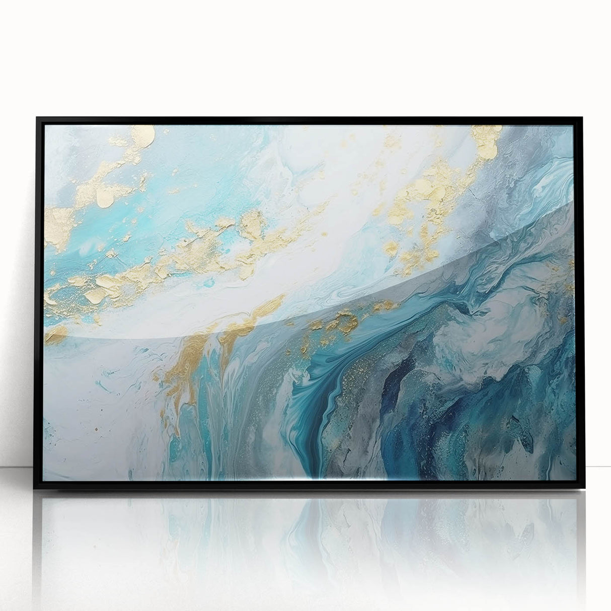 Abstract Coastal Wall Art – Ocean Blues and Gold Accents Beach Print