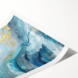 Abstract Coastal Wall Art – Ocean Blues and Gold Accents Beach Print