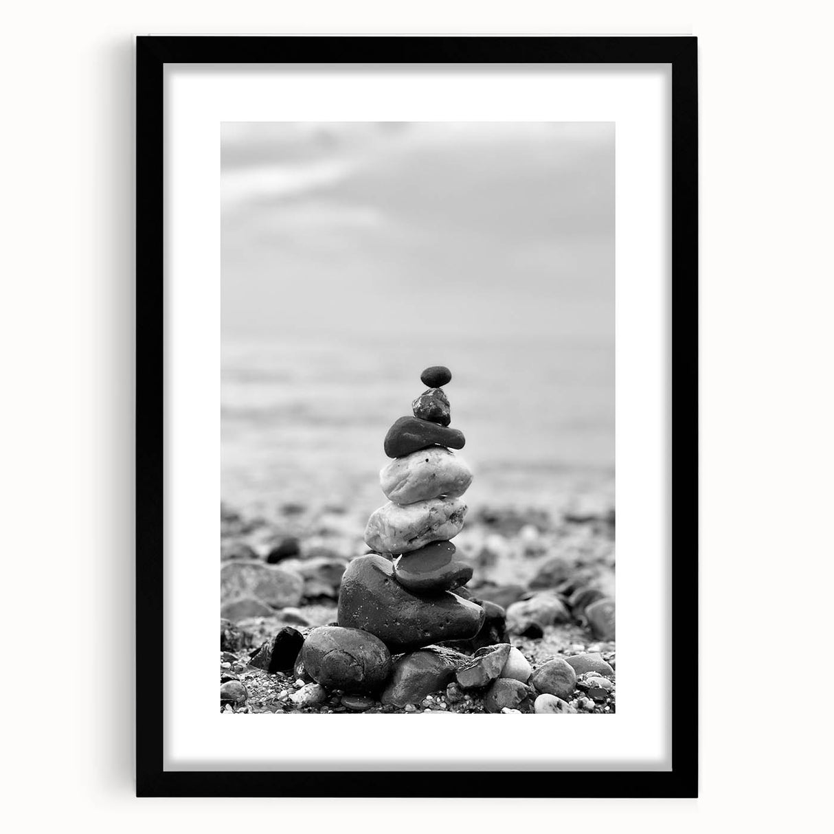 Coastal Wall Art - Black and White Stacked Stones Beach-Themed Print