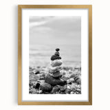 Coastal Wall Art - Black and White Stacked Stones Beach-Themed Print