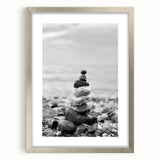 Coastal Wall Art - Black and White Stacked Stones Beach-Themed Print